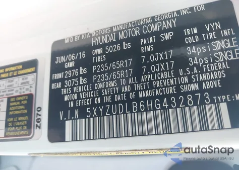 2017 Hyundai Santa Fe Sport 2.4L из США, поврежденный, VIN 5XYZUDLB6HG432873